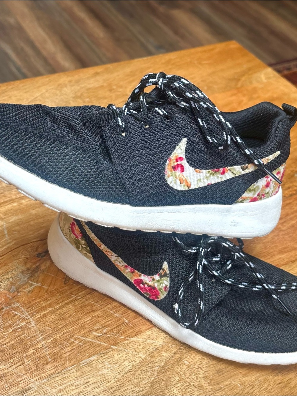 Nike Black Roshe Run Sneakers with Custom Floral Swoosh